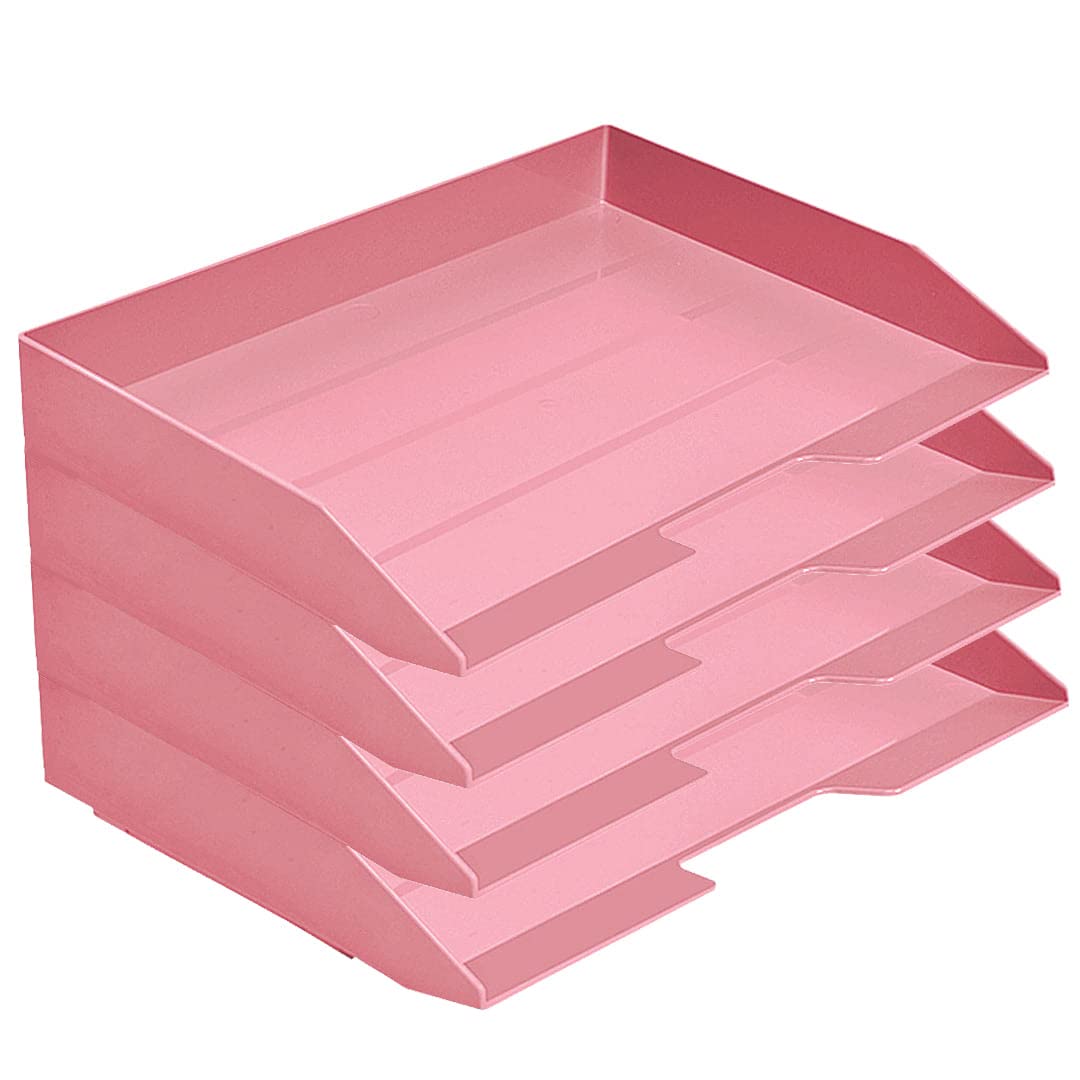 Acrimet Stackable Letter Tray 4 Tier Side Load, Plastic, Desktop File Organizer (Solid Pink Color)