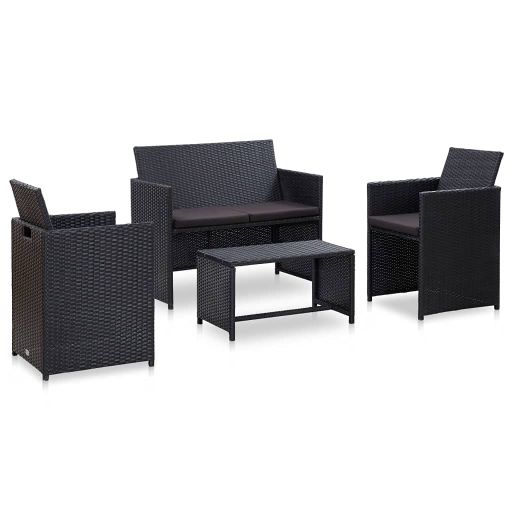 vidaXL 4-Piece Outdoor Lounge Set with Cushions, Waterproof Poly Rattan - Black, Suitable for Patio and Garden