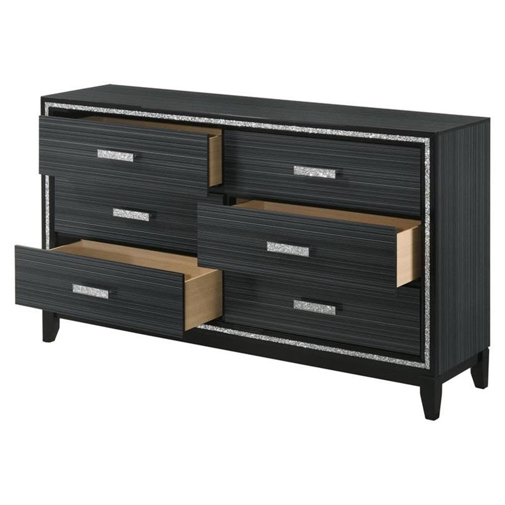 Acme Haiden 6 Drawers Wooden Dresser with Silver Accent Trim in Weathered Black