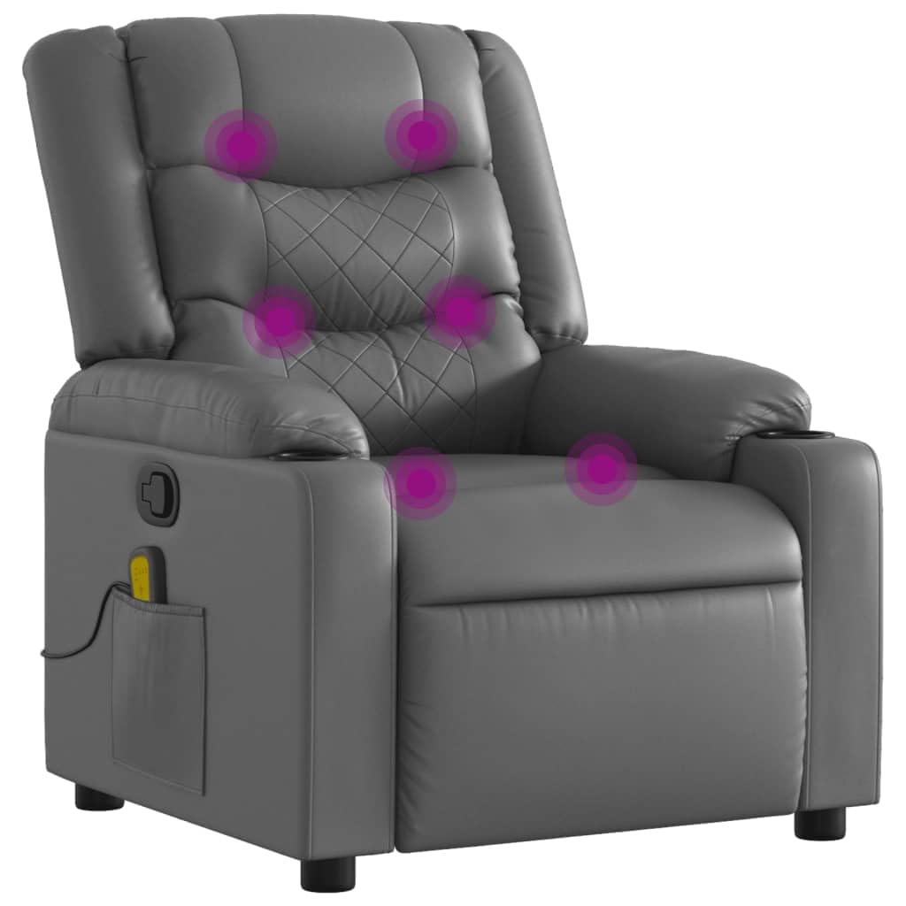 vidaXL Gray Faux Leather Massage Recliner Chair - Manual Adjustability, Vibration Massage, Cup Holders, USB Powered for Living Room, Grey, 374126
