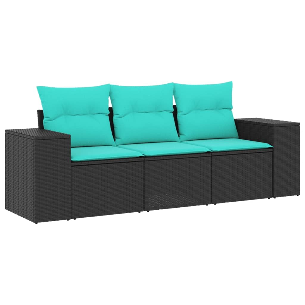 vidaXL Patio Sofa Set with Cushions - 3-Piece Modular Black Poly Rattan Outdoor Furniture for Garden, Patio, Terrace - Removable, Washable Blue Cushions Included