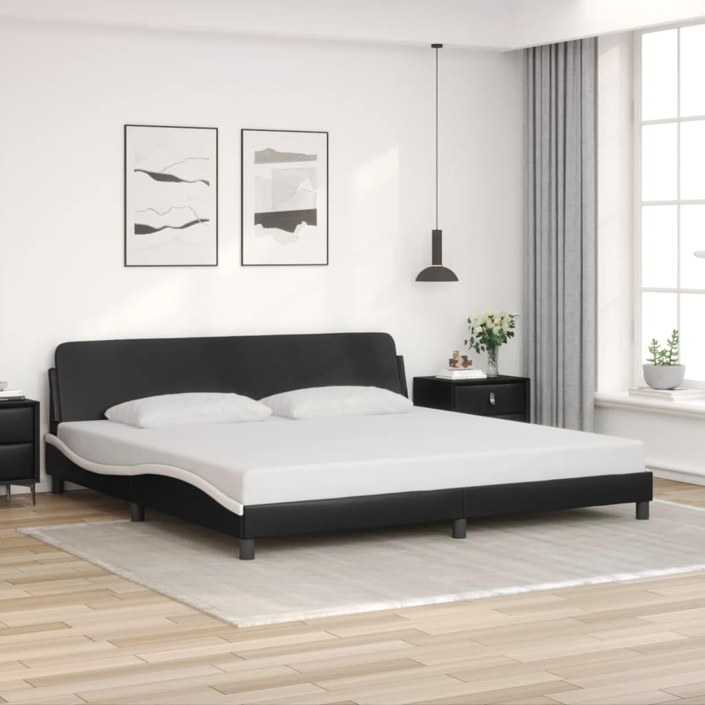 vidaXL King Size Bed Frame with Headboard - Faux Leather Black/White, 76&quot;x79.9&quot; Sleek Bedroom Furniture, Sturdy Legs & Durable Plywood Slats