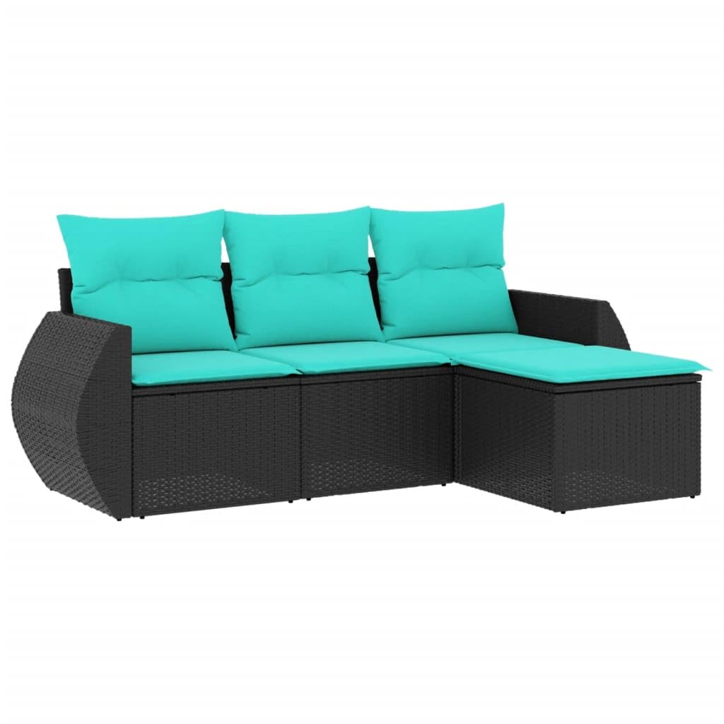 vidaXL Patio Sofa Set with Cushions - 4 Piece Outdoor Furniture Poly Rattan Black/Blue - Ideal for Garden/Patio/Terrace