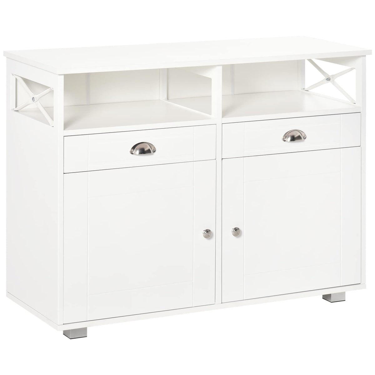 Homcom Sideboard Buffet, Coffee Bar, Kitchen Cabinet With Storage Drawers, Large Tabletop And Crossbar Side Design, White