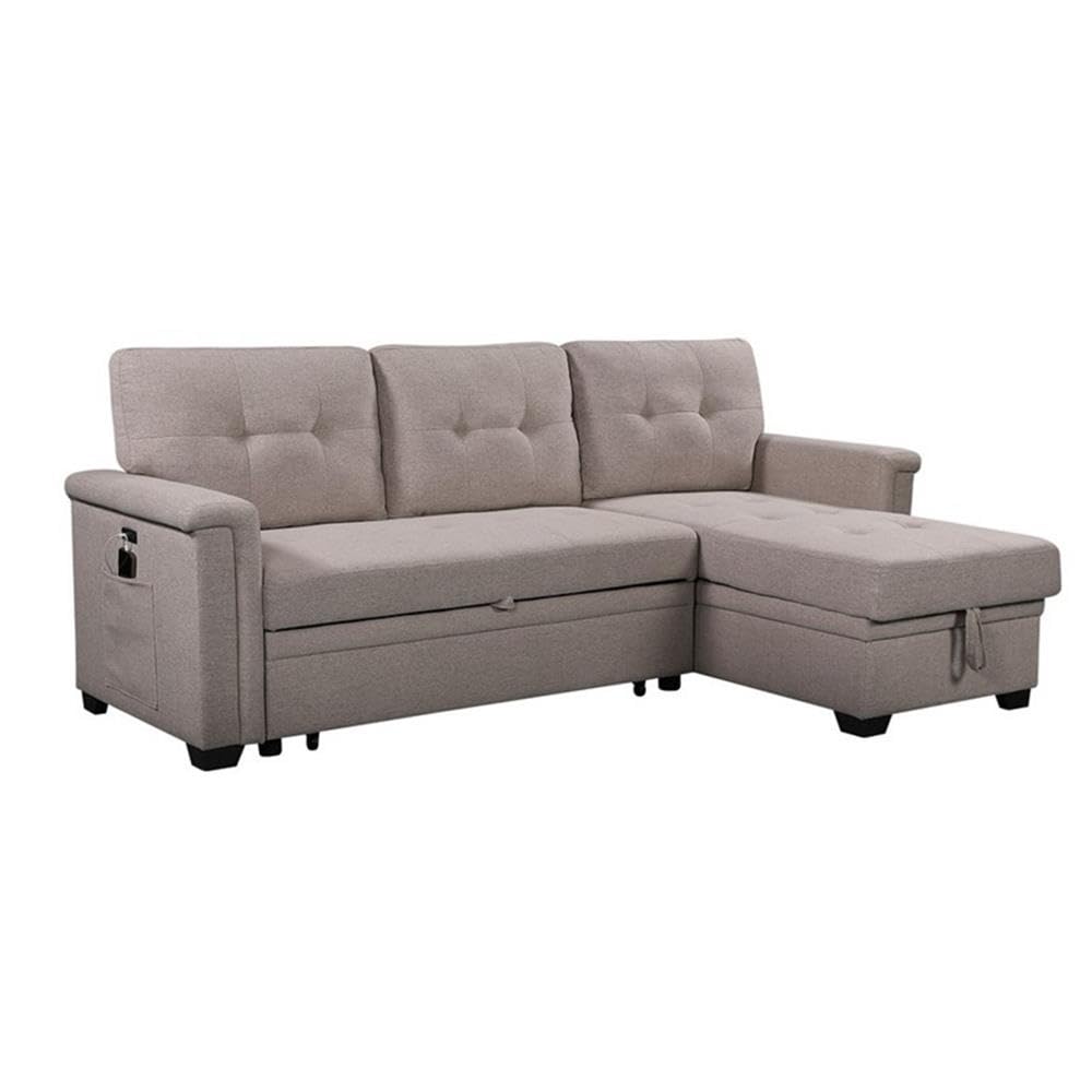 Lilola Home Nathan Light Gray Reversible Sleeper Sectional Sofa with Storage Chaise, USB Charging Ports and Pocket