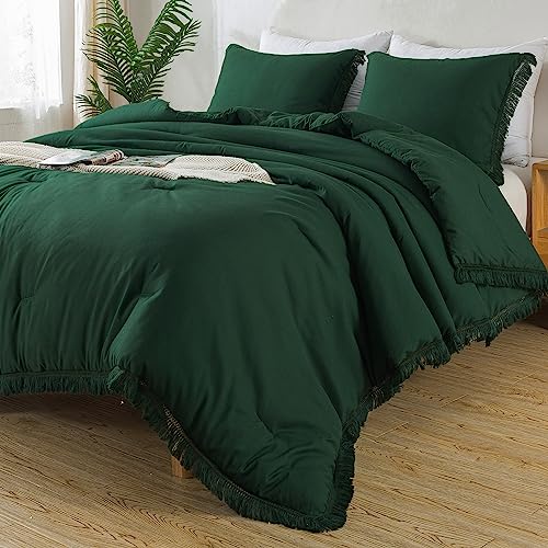 Andency Dark Emerald Green Comforter Set King Size, 3 Pieces Boho Lightweight Tassel Forest Bedding Comforter Sets, All Season S