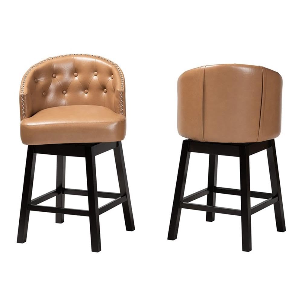 Baxton Studio Theron Mid-Century Transitional Tan Faux Leather and Espresso Brown Finished Wood 2-Piece Swivel Counter Stool Set