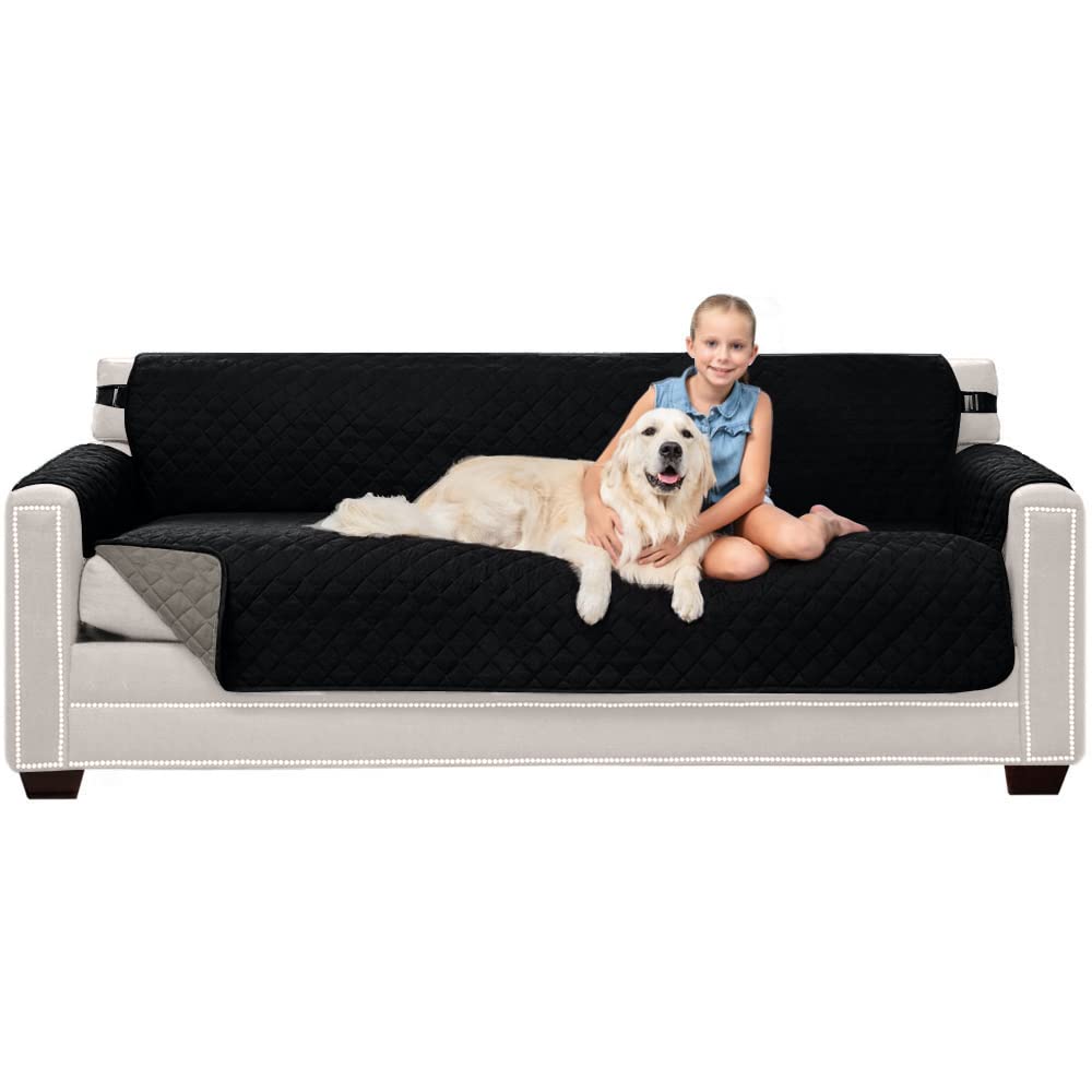 Sofa Shield Patented Couch Slip Cover, Large Cushion Protector, Reversible Stain And Dog Tear Resistant Slipcover, Quilted Microfiber 78” Seat, Washable Covers For Dogs Pets Kids, Black Gray