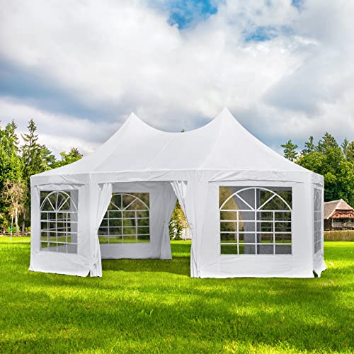 Erommy 20X15Ft Party Tent, White Wedding Tent, Octagonal Heavy Duty Canopy With 6 Removable Sidewalls, 6 Church Windows And 2 Pu
