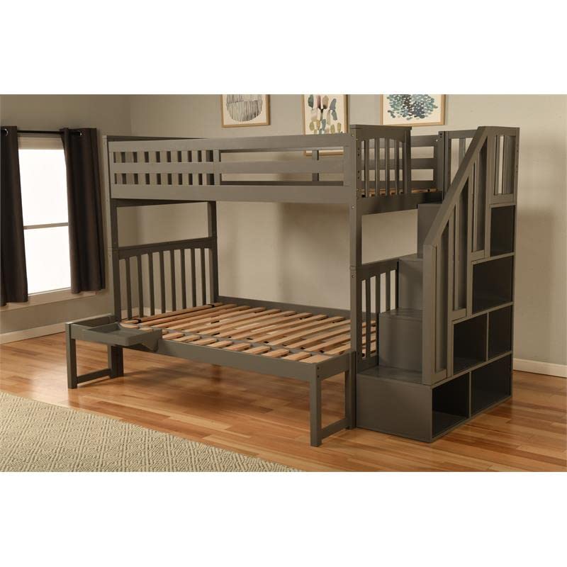 Kodiak Furniture Kelcie Twin/Full Wood Bunk Bed with Storage and Moveable Tray in Dark Gray