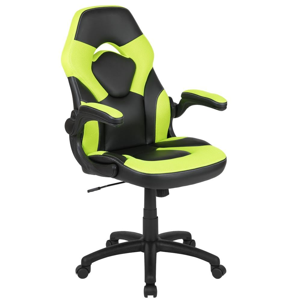 Flash Furniture X10 Gaming Chair Racing Office Ergonomic Computer Pc Adjustable Swivel Chair With Flip-Up Arms, Neon Green/Black Leathersoft