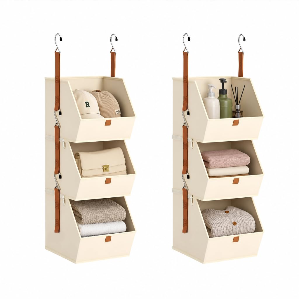 Hanging Closet Organizer 3 Tier  Hanging Shelves for Closet, Fabric Closet Organizers and Storage, SpaceSaving Clothes Organiz