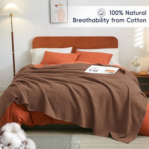 Phf 100% Cotton Waffle Weave Blanket Queen Size 90'X90'-Lightweight Washed Soft Breathable Blanket For All Season - Perfect Blanket Layer For Couch Bed Sofa-Elegant Home Decoration - Cappuccino