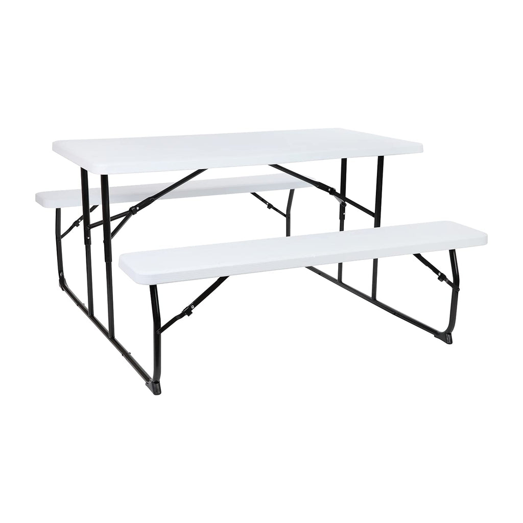 Flash Furniture Insta-Fold Picnic Table - White Wood Grain Folding Picnic Table Bench Set for Adults - 4.5 Foot Folding Table
