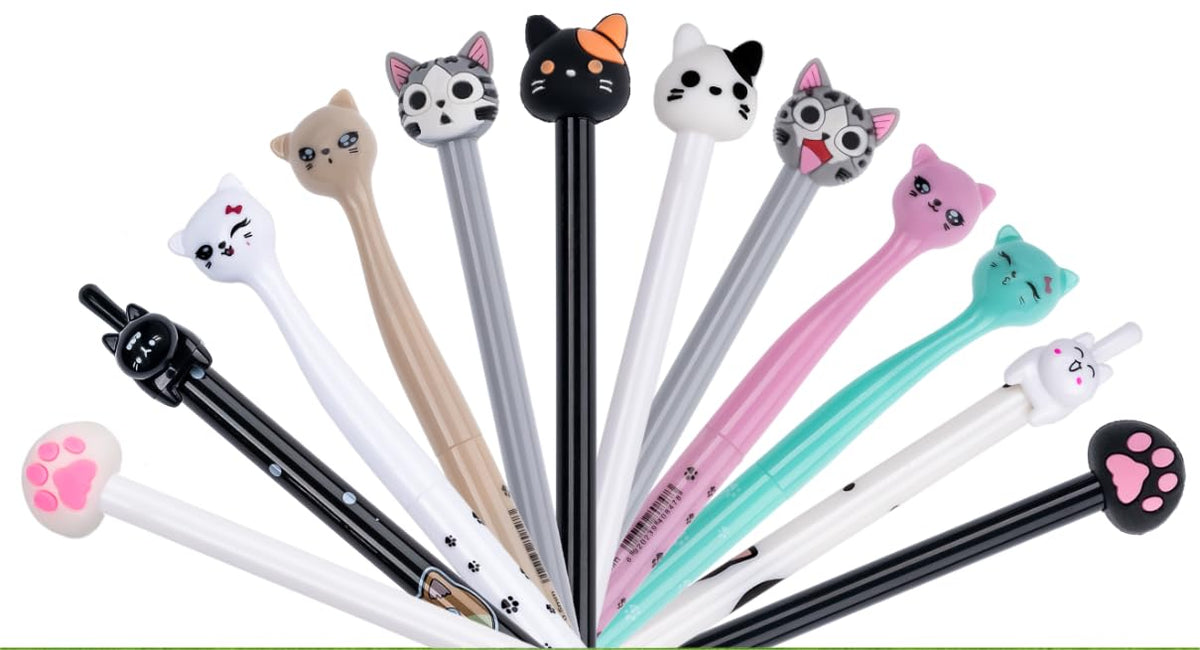 Recheng Cute Cat Gel Pens,Fun Kawaii Pens Set,Animal Black Ink Pens For Kids Office School Supplies,12-Styles
