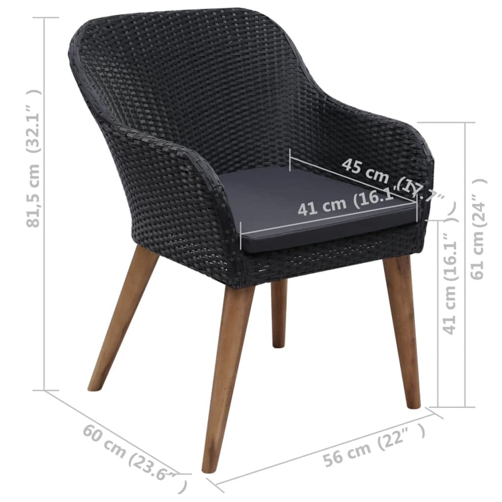 vidaXL Outdoor Patio Chairs Set with Cushions, Poly Rattan Furniture, Lightweight, Water-Resistant, 2 Pieces, Black