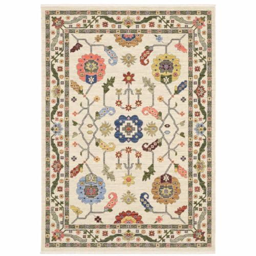 HomeRoots 509316 10 x 13 ft. Ivory Green Blues Pink Yellow Rust Brown Tan & Gray Oriental Power Loom Stain Resistant Rectangle Area Rug with Fringe