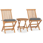 vidaXL 3 Piece Folding Patio Dining Set - Solid Teak Wood - Gray Cushions - Outdoor Garden Terrace Furniture - Includes 1 Round Table and 2 Chairs with Comfort Cushions