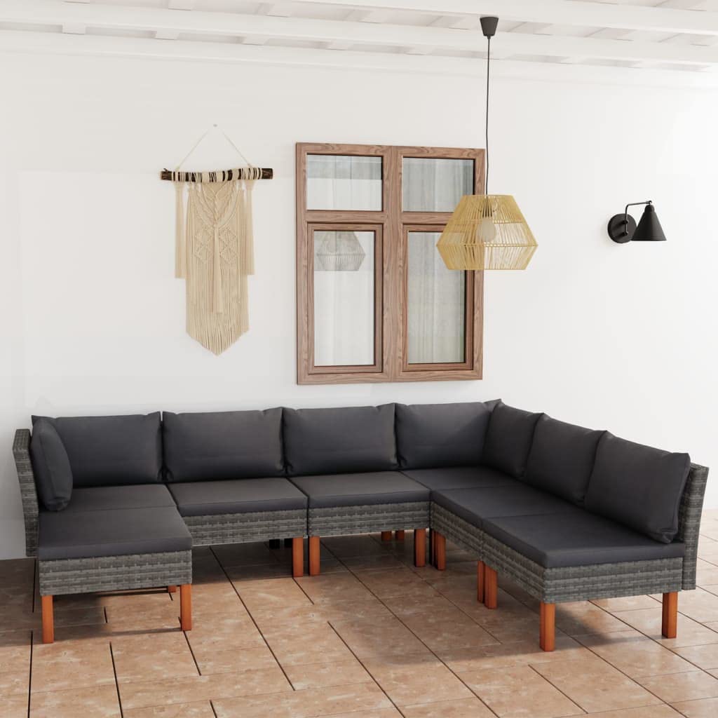 vidaXL 7-Piece Patio Lounge Set in Poly Rattan and Solid Eucalyptus Wood - Powder-Coated Steel Structure with Weather-Resistant Cushions in Anthracite Gray