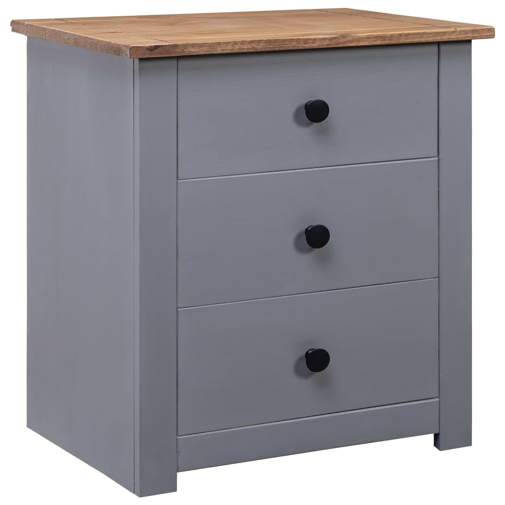 vidaXL Gray Bedside Cabinet, Contemporary Wooden Nightstand, Panama Range, Solid Pine Wood, Three-Drawer Storage, Easy to Assemble, Living Room Couch Table
