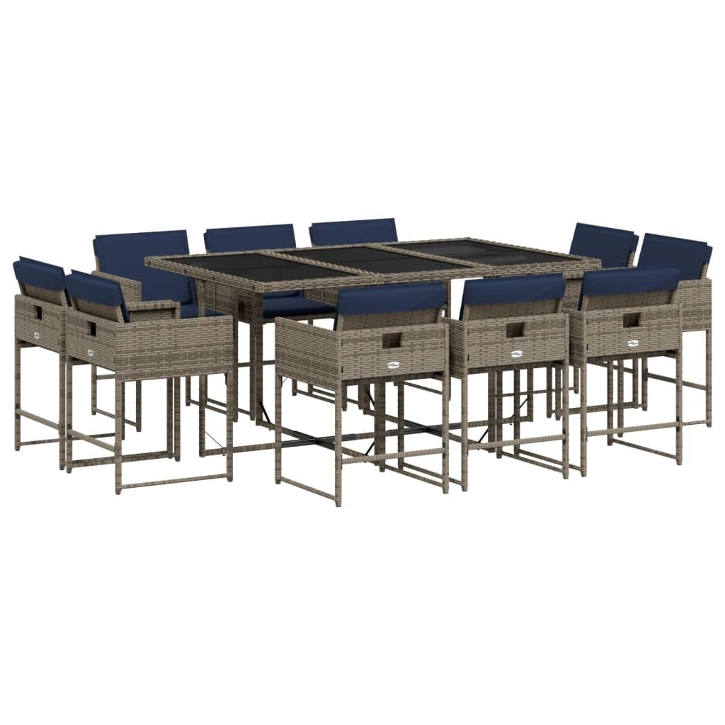 vidaXL - 11 Piece Patio Dining Set/Outdoor Furniture Set with Cushions - Gray Poly Rattan, Rectangular, Tempered Glass Tabletop, Cushioned Chairs, Garden/Balcony/Backyard.