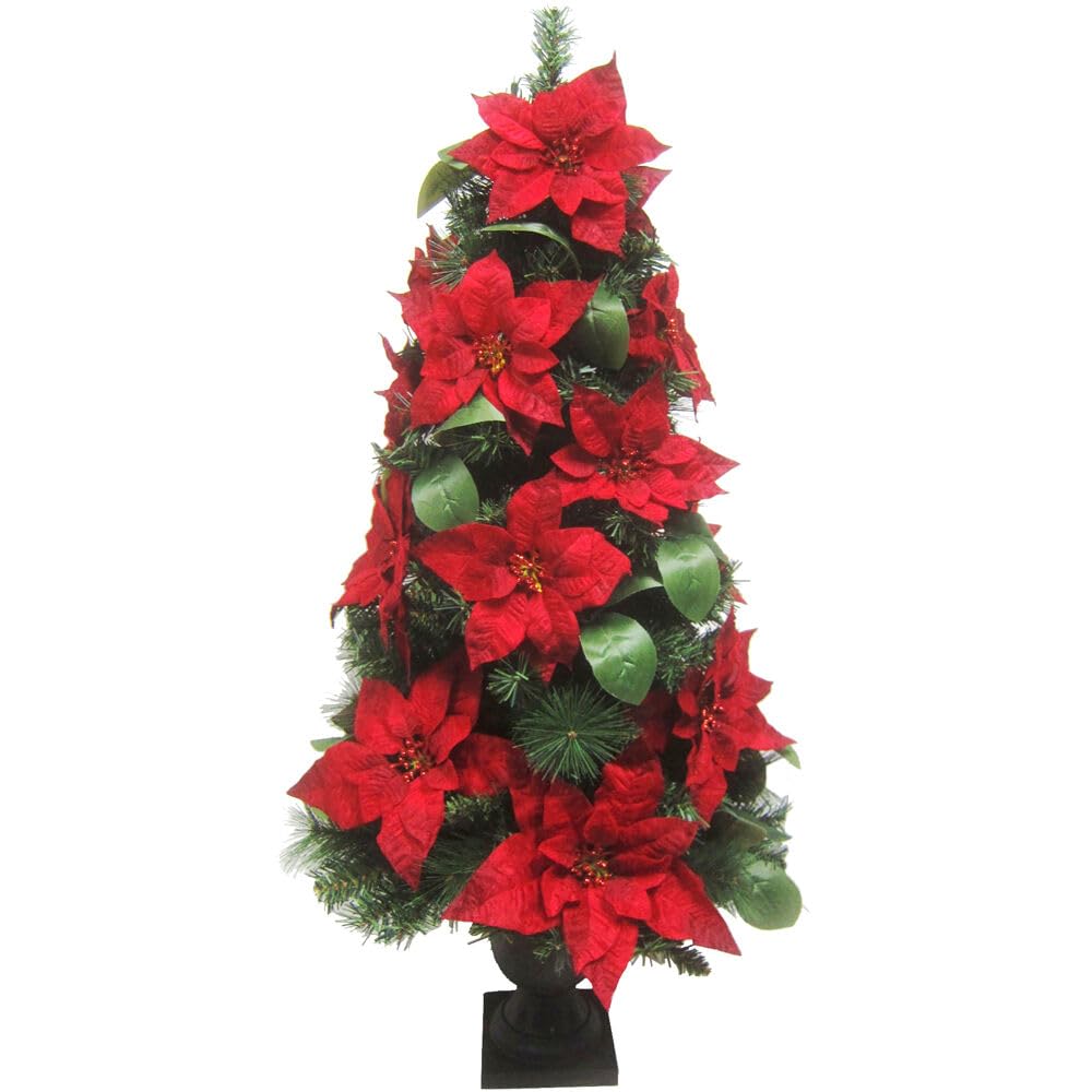 Fraser Hill Farm 4-Ft. Christmas Porch Tree With Velvet Poinsettia Blooms And Leaf Accents, Small Christmas Tree Perfect For Porch, Around The Fireplace, And Corners