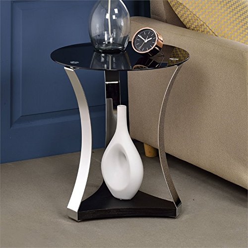 Acme Geiger Round Glass Top End Table In Black And Rose Gold