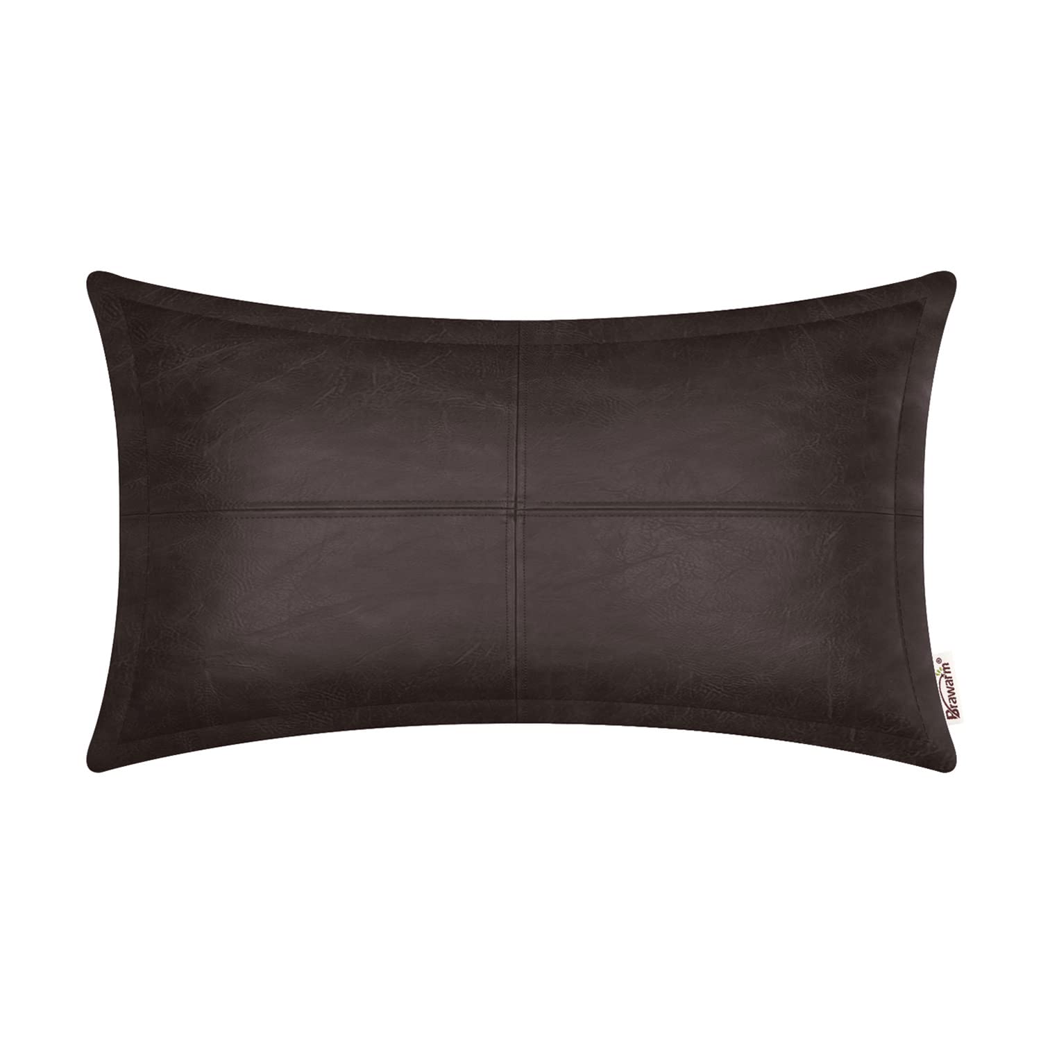 Brawarm Coffee Leather Throw Pillow 12 X 20 Inches, Faux Leather Pillow Cover With Piping, Hand Stitched Leather Decorative Lumb