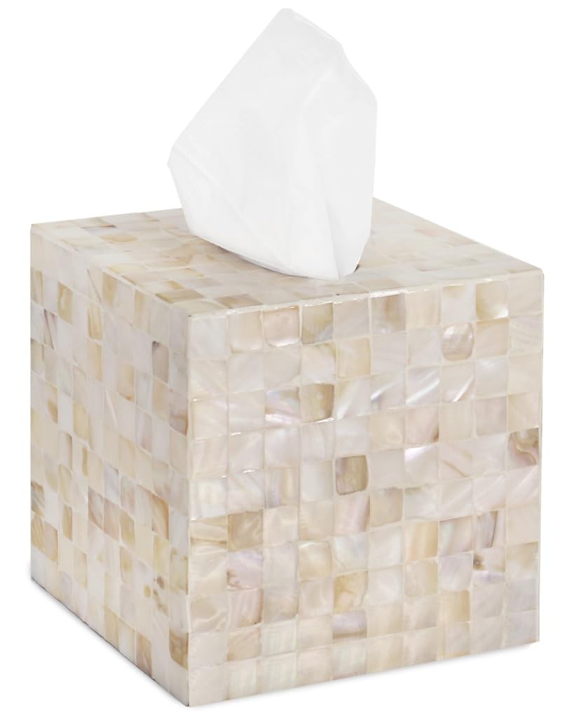 PEMAR 5.9    Cube Mother of Pearl Tissue Box Cover, Decorative Napkin Dispenser Organizer, Rustic Farmhouse Vintage Decor for Ta
