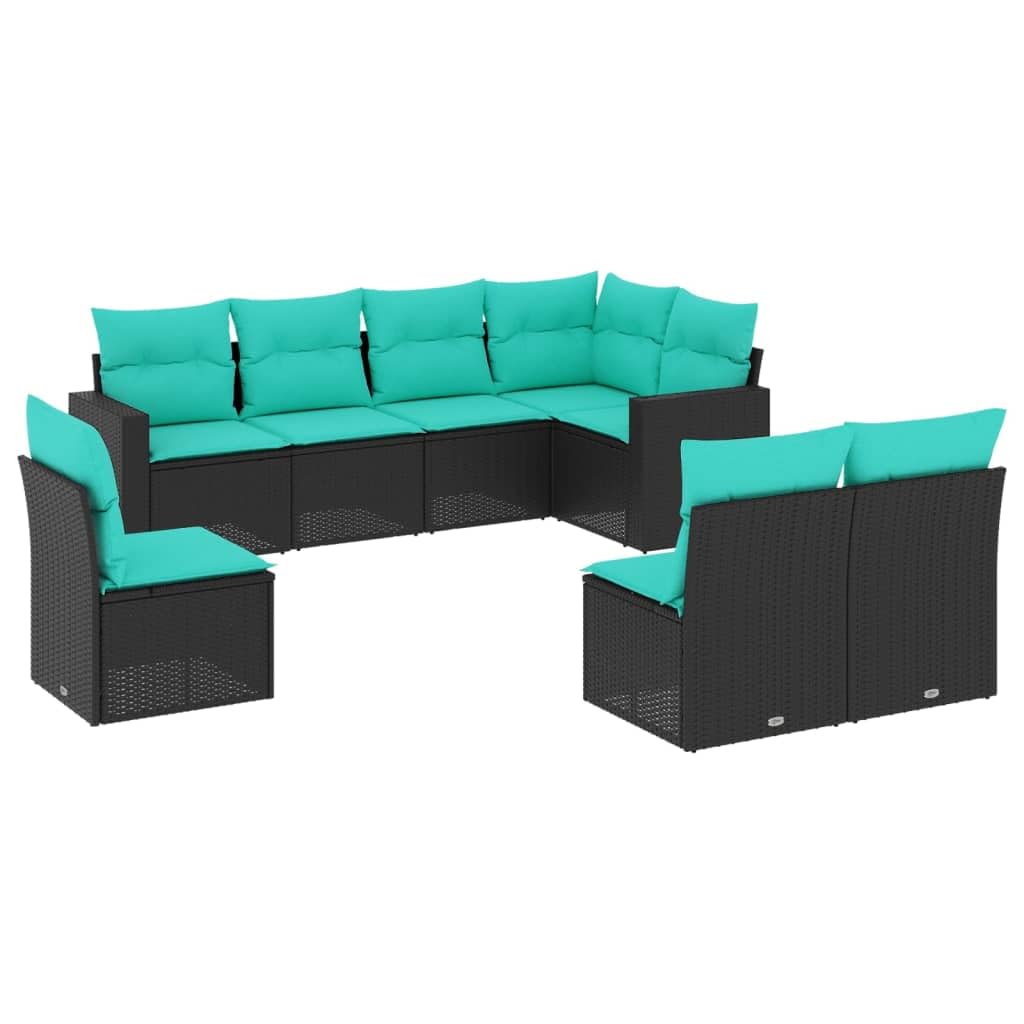 vidaXL Patio Sofa Set 8 Piece - Black Poly Rattan - Blue Cushions, Outdoor/Garden/Terrace Furniture, Modular Design - Comfortable Seating