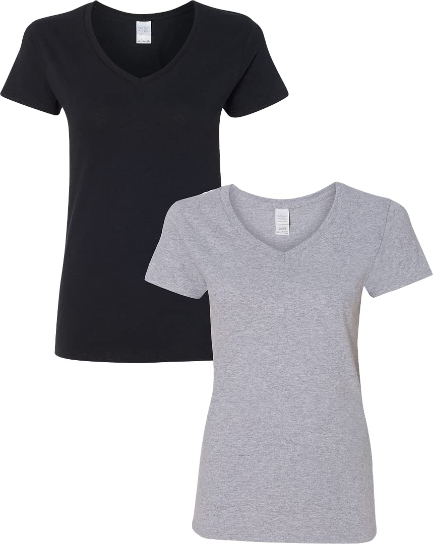 Gildan Womens Heavy Cotton V-Neck T-Shirt 2-Pack Med-Black-Sportgray