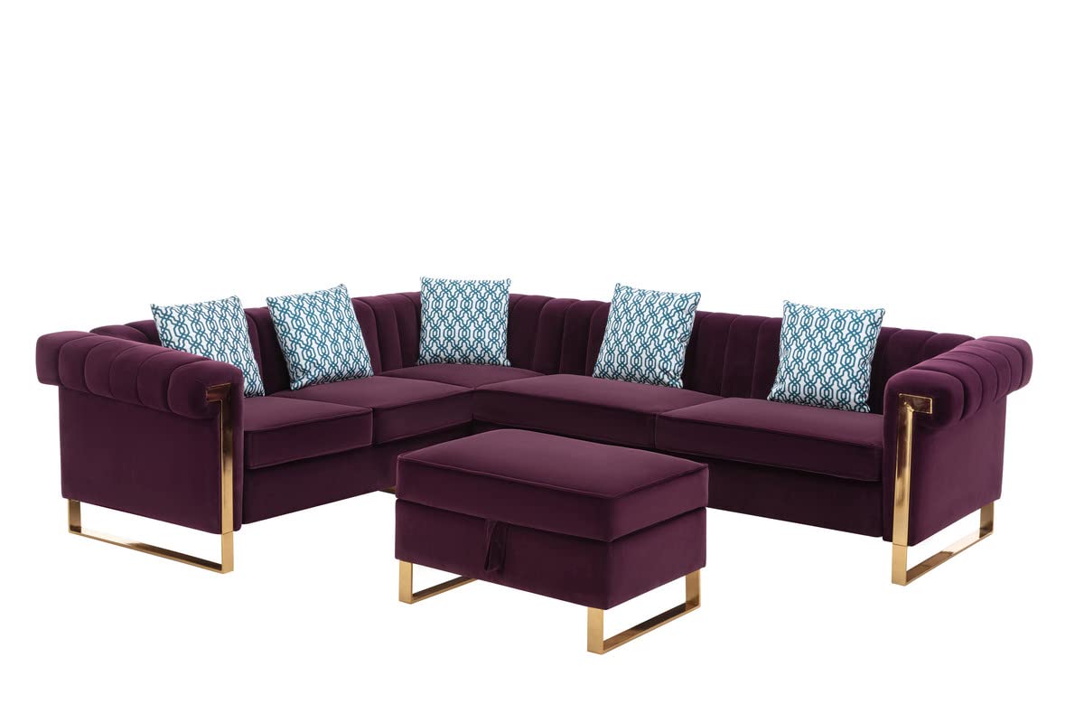 Lilola Home Maddie Purple Velvet 6-Seater Sectional Sofa with Storage Ottoman