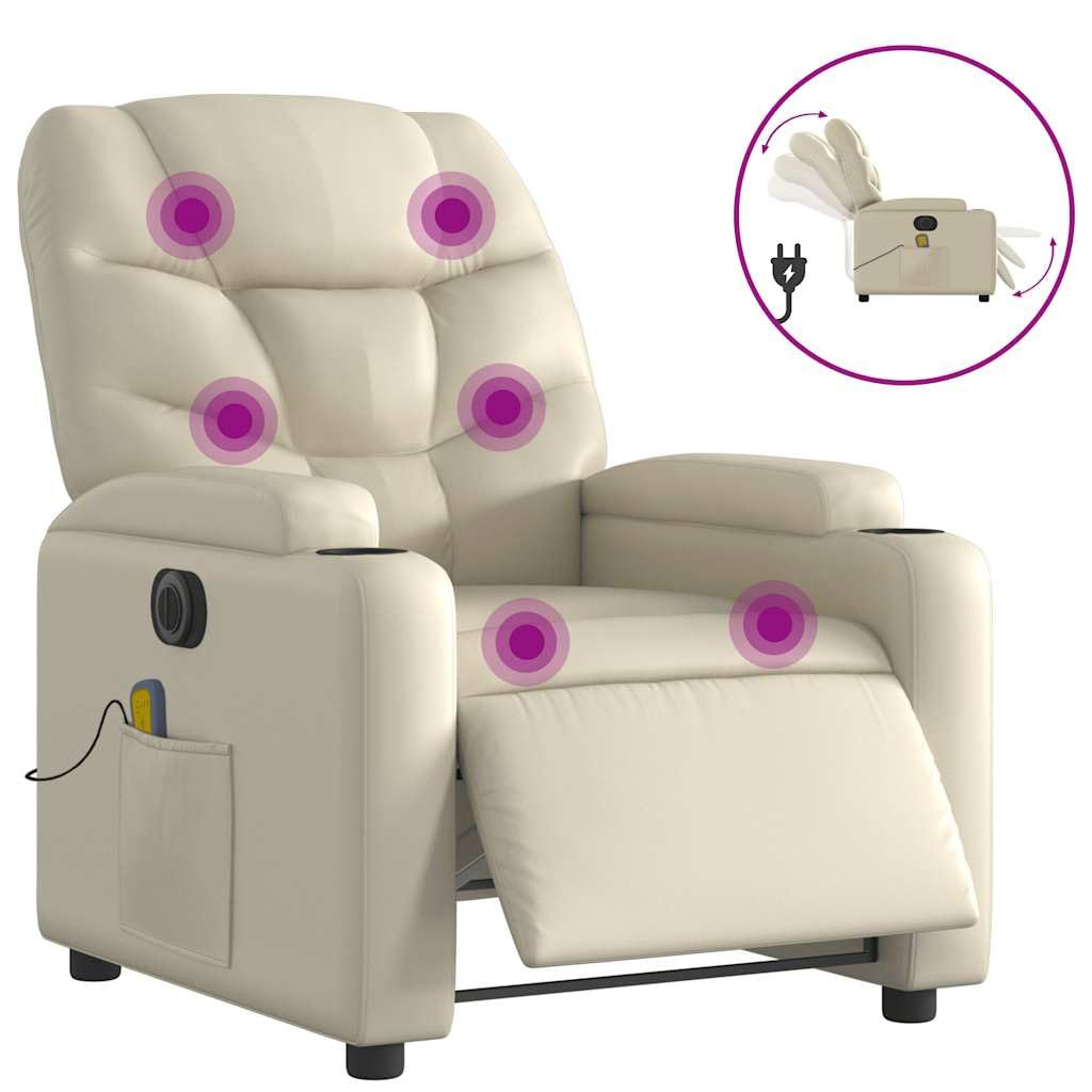 vidaXL Electric Massage Recliner Chair - Upholstered Armchair, Faux Leather, Cream - Adjustable Lounge Seating with Vibration Massage, Cup Holders for Living Room, 3206056