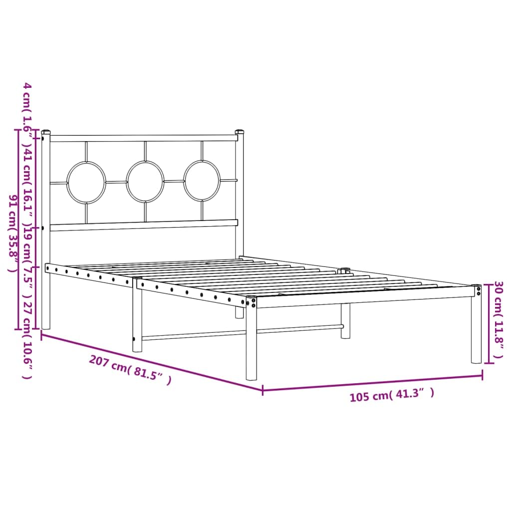 vidaXL Metal Single Bed Frame with Headboard - Black, Powder-Coated Steel, Space-Saving Platform Bed for Bedroom, Breathable Slats, Easy Assembly, 81.5"x41.3"x35.8"