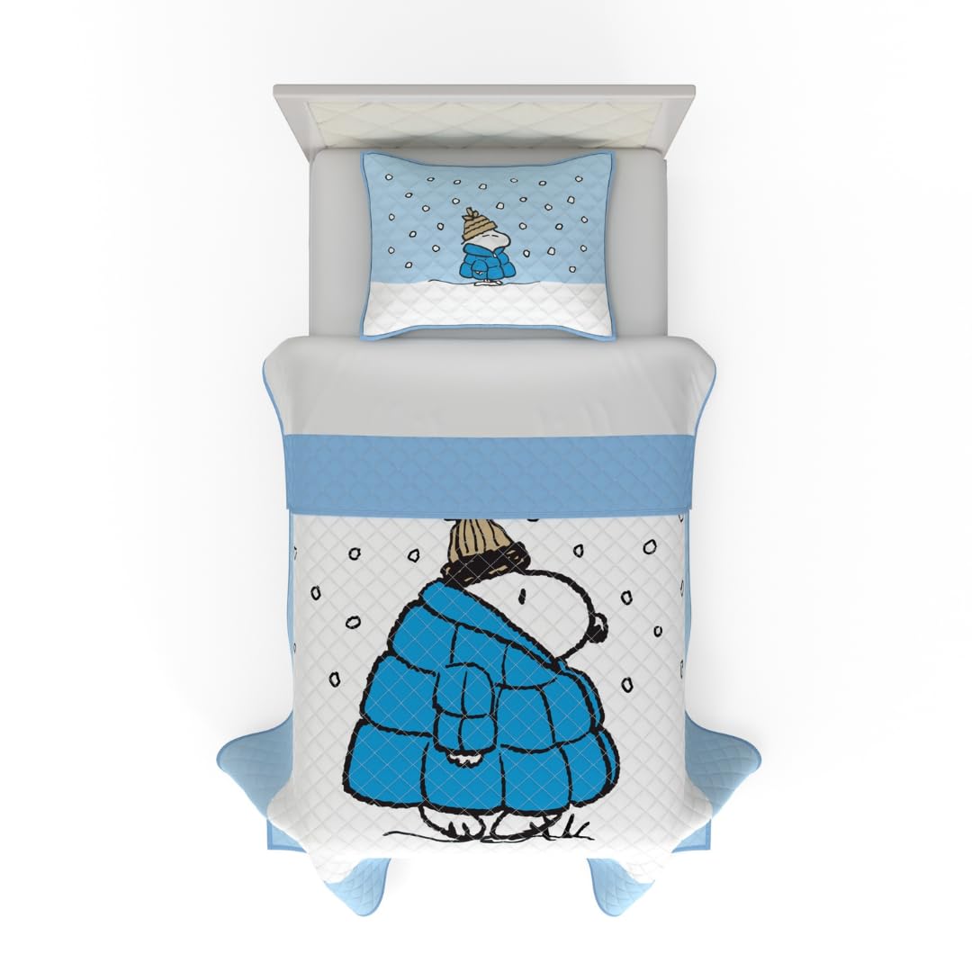 Franco Peanuts Snoopy Puffer Coat Holiday & Christmas Quilt Bedding Super Soft 2 Piece Pillow Sham And Quilt Set, Twin, (100% Of