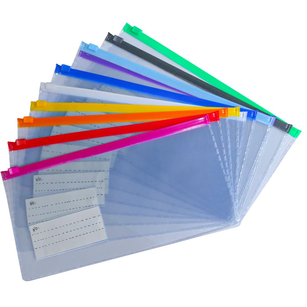 Rukinovi 10 Pack Plastic Envelopes Pencil Pouch,Clear Pencil Bags With Zipper,10 Colors With Label Reusable Pencil Pouches For O