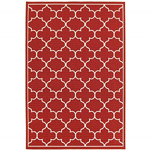 HomeRoots Polypropylene 7’x10’ Red and Ivory Trellis Indoor Outdoor Area Rug