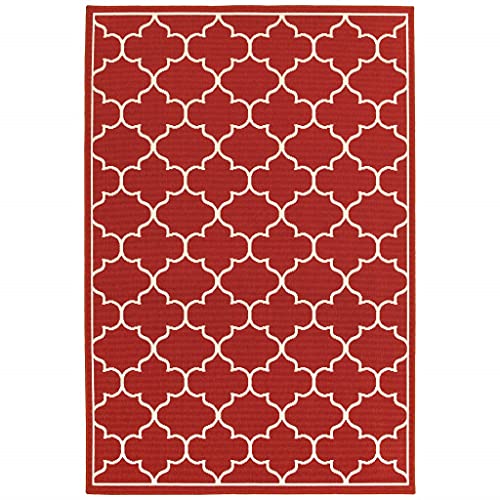 HomeRoots Polypropylene 5’x8’ Red and Ivory Trellis Indoor Outdoor Area Rug