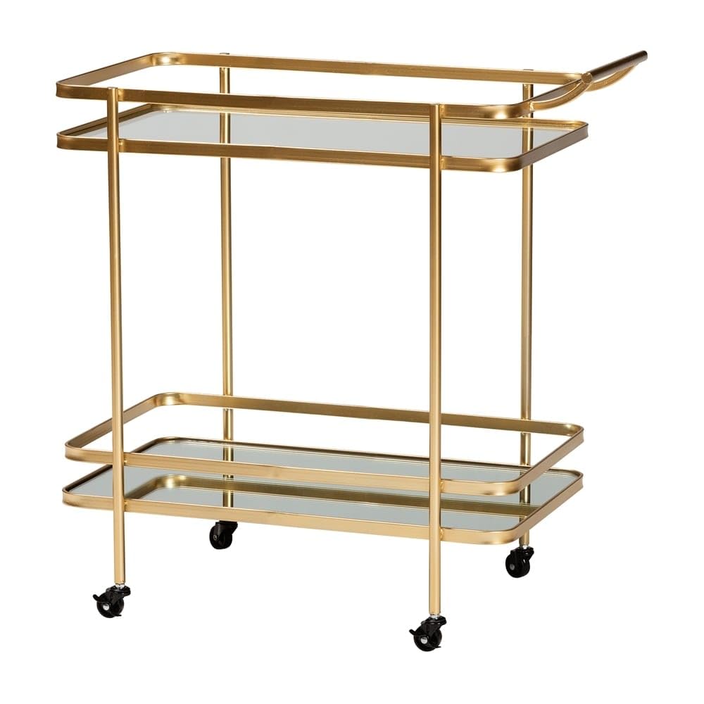 Baxton Studio Destin Modern and Contemporary Glam Brushed Gold Finished Metal and Mirrored Glass 2-Tier Mobile Wine Bar Cart