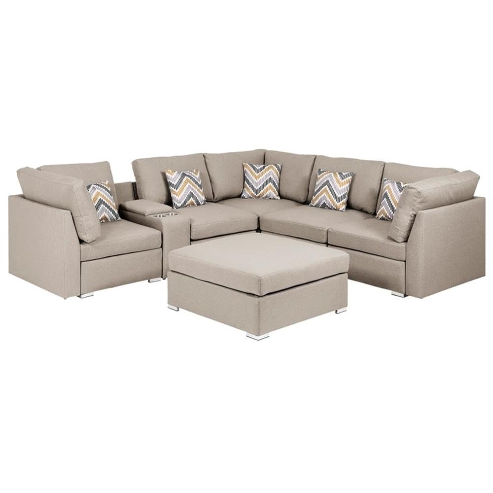 Lilola Home Amira Beige Fabric Reversible Sectional Sofa with USB Console and Ottoman