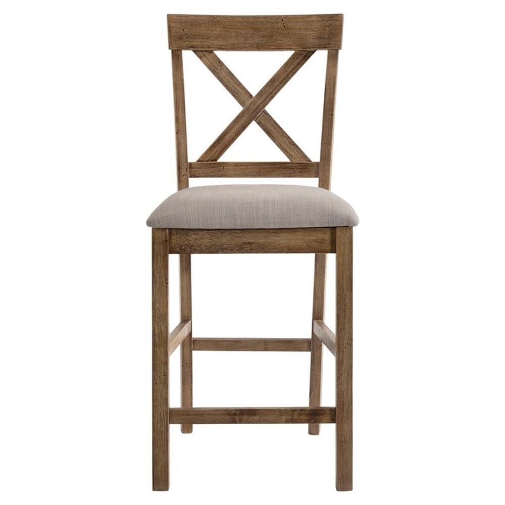 Acme Martha II Counter Height Chair in Tan Linen and Weathered Oak (Set of 2)