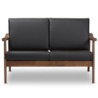 Baxton Studio Venza Mid-Century Modern Walnut Wood Black Faux Leather 2-Seater Loveseat Black/Wood