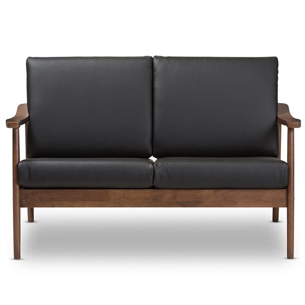 Baxton Studio Venza Mid-Century Modern Walnut Wood Black Faux Leather 2-Seater Loveseat Black/Wood