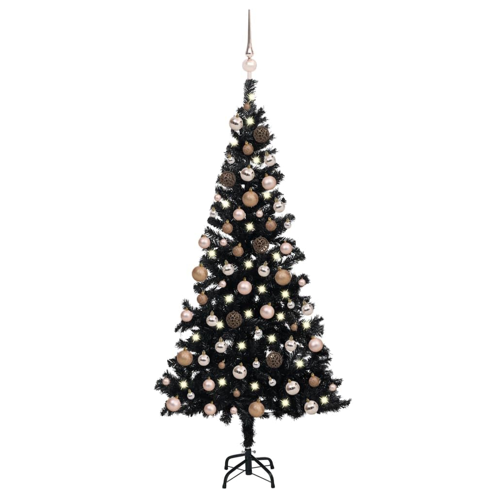 Vidaxl Black Artificial Christmas Tree With Led Lights & Rose Gold Ball Set, Pvc, 70.9&quot; Height, Steel Feet, Economical Choice For Festive Decorations