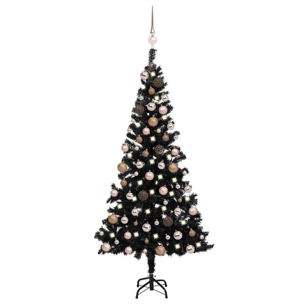 Vidaxl Artificial Christmas Tree With Led Lights & Ball Set - 59.1&quot; Pvc Black Christmas Tree With Rose Gold Balls - Indoor Holiday Decoration