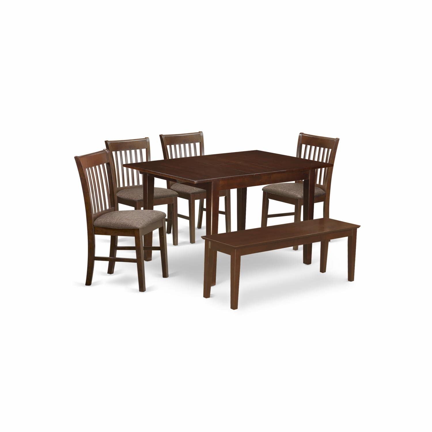 East West Furniture MLNO6C-MAH-C Milan 6 Piece Room Set Contains a Rectangle Kitchen Table with Butterfly Leaf and 4 Linen Fabric Dining Chairs with a Bench, 36x54 Inch, Mahogany