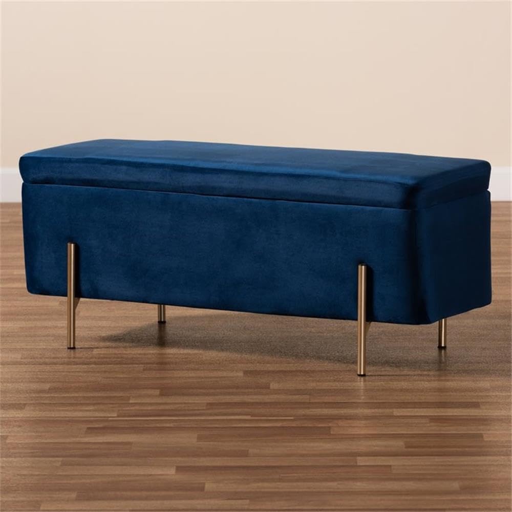 Baxton Studio Rockwell Contemporary Glam and Luxe Navy Blue Velvet Fabric Upholstered and Gold Finished Metal Storage Bench