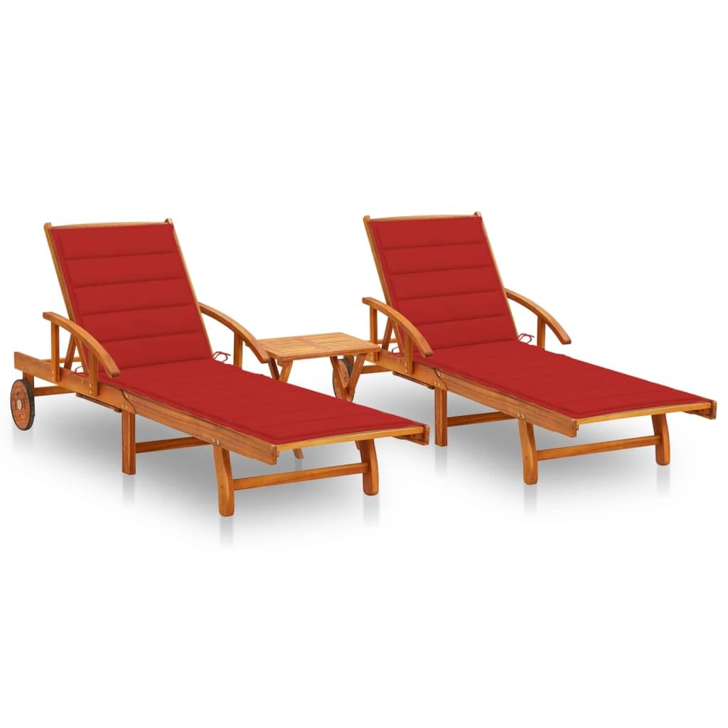 Vidaxl 2X Solid Acacia Wood Sun Loungers W/Table & Red Cushions - Foldable, Weather-Resistant Outdoor Day Beds For Garden, Patio & Pool Deck