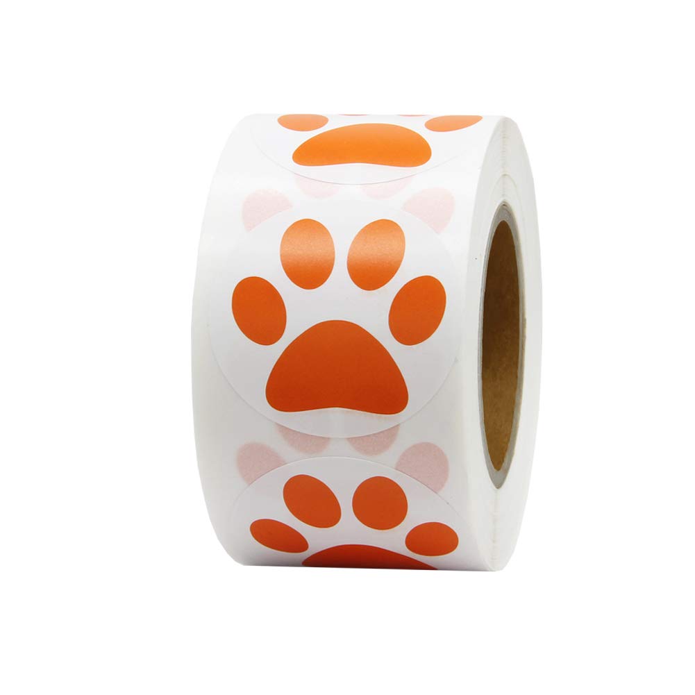 Hcode 1.5' Round Orange Bear Paw Print Stickers Dog Puppy Paw Stickers Bear Paw Stickers 500 Pieces Per Roll (1 Roll, Orange)