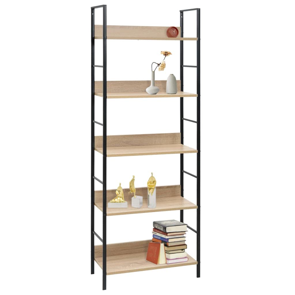 vidaXL Versatile 5-Layer Book Shelf in Oak and Black - Engineered Wood and Steel - Compact Design for Maximum Space Utilization - Easy to Assemble